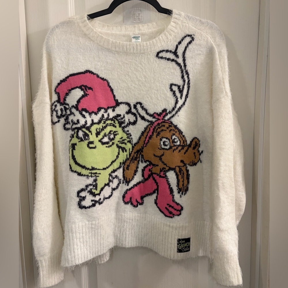 Grinch and Max White Sweater read discripton size XL 16/18 kids fits like a MED